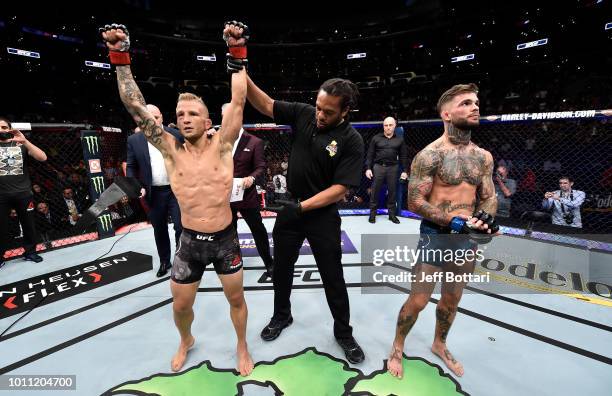 Dillashaw celebrates after his knockout victory over Cody Garbrandt in their UFC bantamweight championship fight during the UFC 227 event inside...