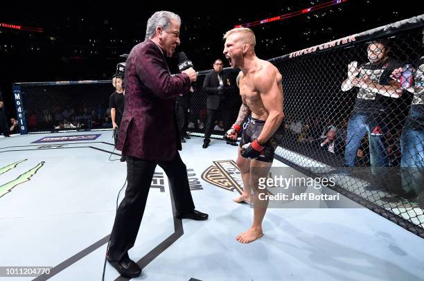 Dillashaw is introduced by Bruce Buffer prior to his UFC bantamweight championship fight against Cody Garbrandt during the UFC 227 event inside...
