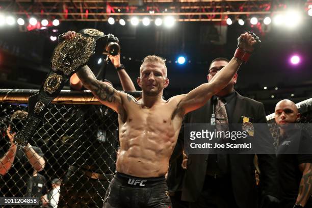 Dillashaw celebrates his UFC Bantamweight Title Bout win over Cody Garbrandt during UFC 227 at Staples Center on August 4, 2018 in Los Angeles,...
