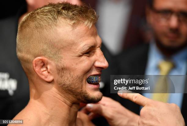 Dillashaw prepares to fight Cody Garbrandt in their UFC bantamweight championship fight during the UFC 227 event inside Staples Center on August 4,...