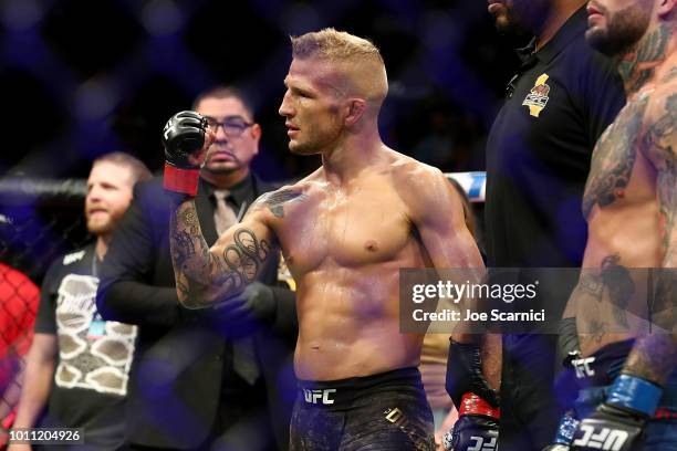 Dillashaw celebrates his UFC Bantamweight Title Bout win over Cody Garbrandt during UFC 227 at Staples Center on August 4, 2018 in Los Angeles,...