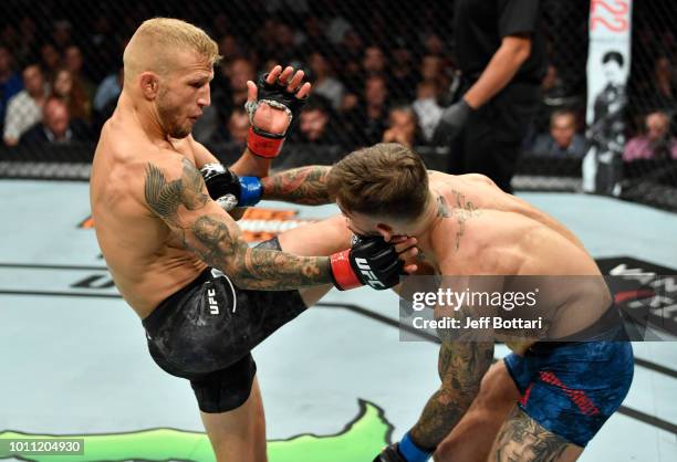 Dillashaw kicks Cody Garbrandt in their UFC bantamweight championship fight during the UFC 227 event inside Staples Center on August 4, 2018 in Los...