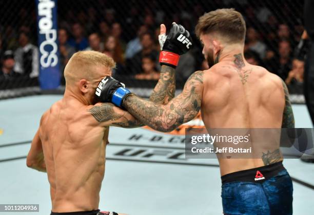Cody Garbrandt punches TJ Dillashaw in their UFC bantamweight championship fight during the UFC 227 event inside Staples Center on August 4, 2018 in...