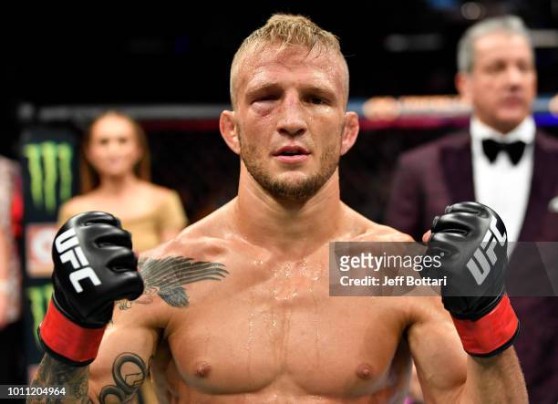 Dillashaw celebrates after his knockout victory over Cody Garbrandt in their UFC bantamweight championship fight during the UFC 227 event inside...