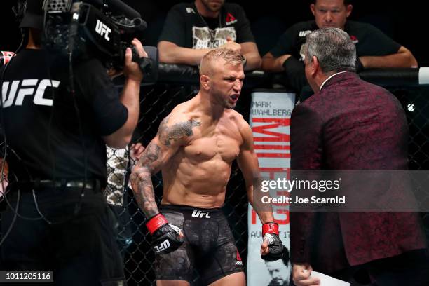 Dillashaw relies to fight Cody Garbrandt in the UFC Bantamweight Title Bout during UFC 227 at Staples Center on August 4, 2018 in Los Angeles, United...