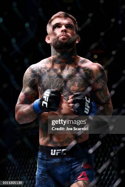 Cody Garbrandt relies to fight TJ Dillashaw in the UFC Bantamweight Title Bout during UFC 227 at Staples Center on August 4, 2018 in Los Angeles,...