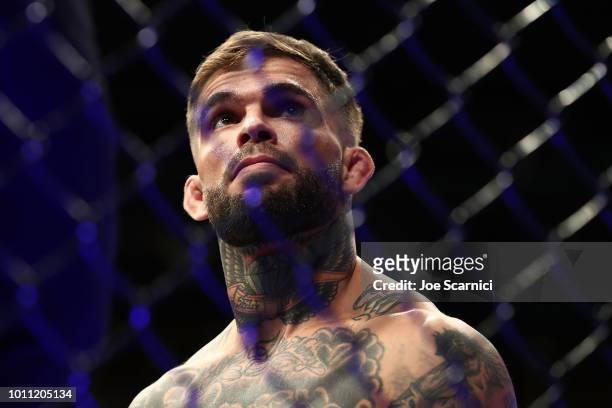 Cody Garbrandt relies to fight TJ Dillashaw in the UFC Bantamweight Title Bout during UFC 227 at Staples Center on August 4, 2018 in Los Angeles,...