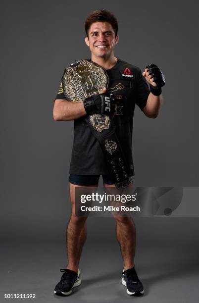 Henry Cejudo poses for a portrait backstage after his victory over Demetrious Johnson during the UFC 227 event inside Staples Center on August 4,...