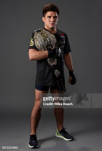 Henry Cejudo poses for a portrait backstage after his victory over Demetrious Johnson during the UFC 227 event inside Staples Center on August 4,...