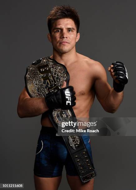 Henry Cejudo poses for a portrait backstage after his victory over Demetrious Johnson during the UFC 227 event inside Staples Center on August 4,...