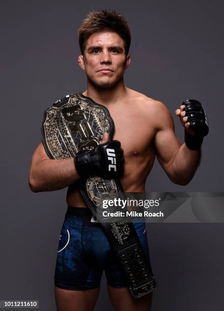 Henry Cejudo poses for a portrait backstage after his victory over Demetrious Johnson during the UFC 227 event inside Staples Center on August 4,...