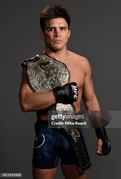 Henry Cejudo poses for a portrait backstage after his victory over Demetrious Johnson during the UFC 227 event inside Staples Center on August 4,...