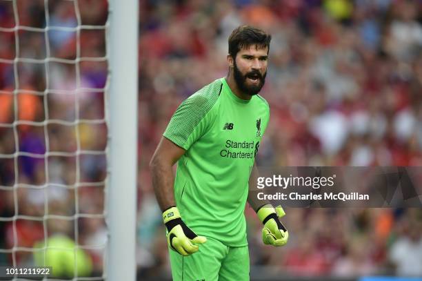 Alisson Becker of Liverpool during the international friendly game between Liverpool and Napoli at Aviva Stadium on August 4, 2018 in Dublin, Ireland.