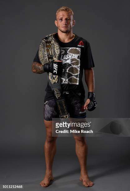 Dillashaw poses for a portrait backstage after his victory over Cody Garbrandt during the UFC 227 event inside Staples Center on August 4, 2018 in...