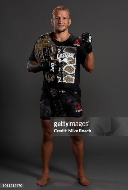 Dillashaw poses for a portrait backstage after his victory over Cody Garbrandt during the UFC 227 event inside Staples Center on August 4, 2018 in...