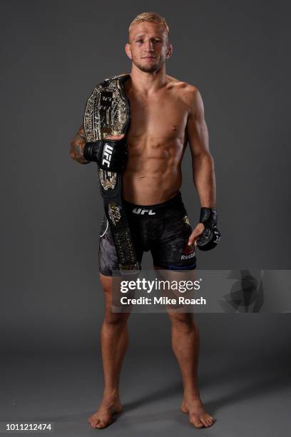 Dillashaw poses for a portrait backstage after his victory over Cody Garbrandt during the UFC 227 event inside Staples Center on August 4, 2018 in...