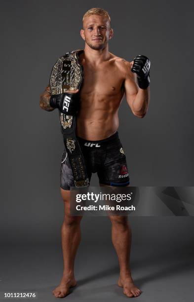 Dillashaw poses for a portrait backstage after his victory over Cody Garbrandt during the UFC 227 event inside Staples Center on August 4, 2018 in...