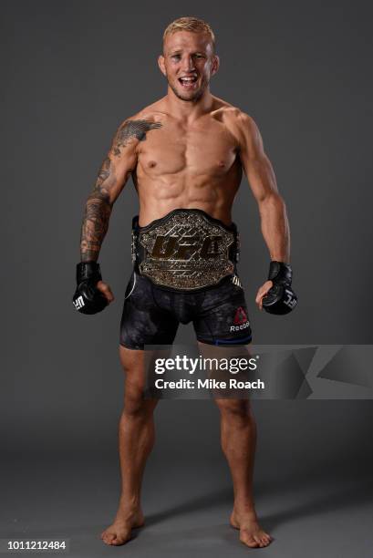 Dillashaw poses for a portrait backstage after his victory over Cody Garbrandt during the UFC 227 event inside Staples Center on August 4, 2018 in...