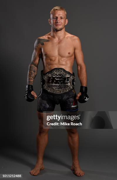 Dillashaw poses for a portrait backstage after his victory over Cody Garbrandt during the UFC 227 event inside Staples Center on August 4, 2018 in...