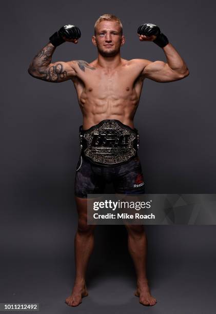 Dillashaw poses for a portrait backstage after his victory over Cody Garbrandt during the UFC 227 event inside Staples Center on August 4, 2018 in...