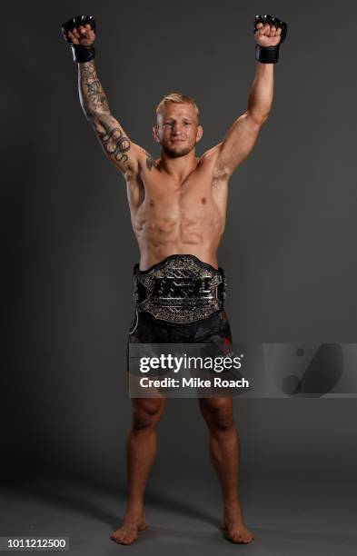 Dillashaw poses for a portrait backstage after his victory over Cody Garbrandt during the UFC 227 event inside Staples Center on August 4, 2018 in...