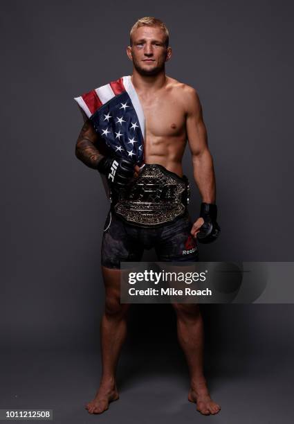 Dillashaw poses for a portrait backstage after his victory over Cody Garbrandt during the UFC 227 event inside Staples Center on August 4, 2018 in...