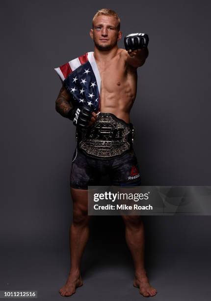 Dillashaw poses for a portrait backstage after his victory over Cody Garbrandt during the UFC 227 event inside Staples Center on August 4, 2018 in...