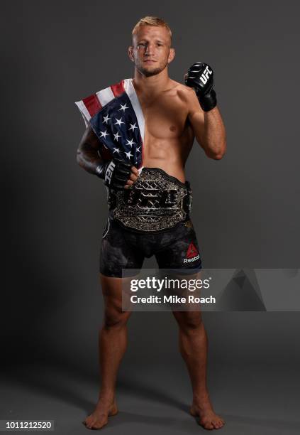 Dillashaw poses for a portrait backstage after his victory over Cody Garbrandt during the UFC 227 event inside Staples Center on August 4, 2018 in...