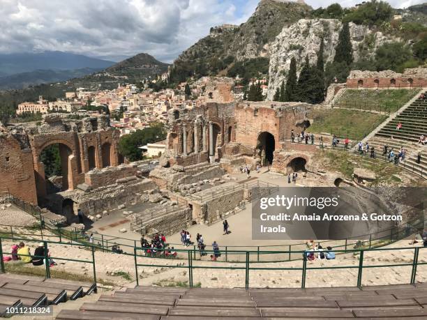 greek theater of taormina. sicily, italy. - teatro greco taormina stock-fotos und bilder