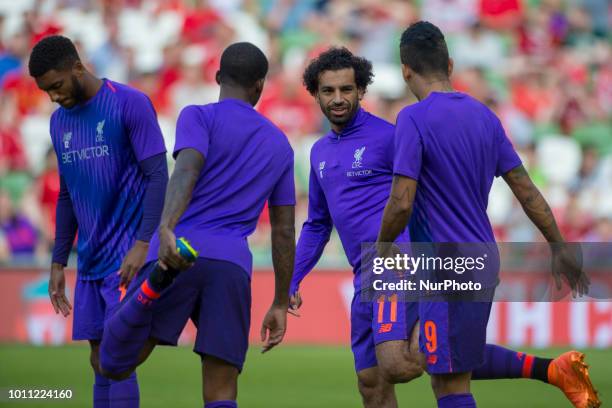 Liverpool players during the warm-up during the International Club Friendly match between Liverpool FC and SSC Napoli at Aviva Stadium in Dublin,...