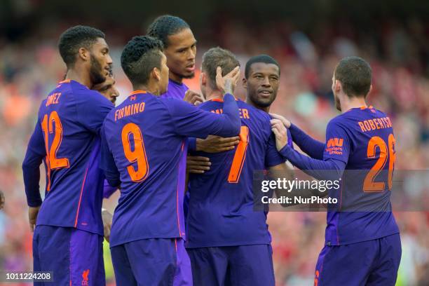 Liverpool players celebrate Georgino Wijnaldum scoring during the International Club Friendly match between Liverpool FC and SSC Napoli at Aviva...