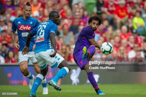 Mohamed Salah of Liverpool kicks the ball during the International Club Friendly match between Liverpool FC and SSC Napoli at Aviva Stadium in...