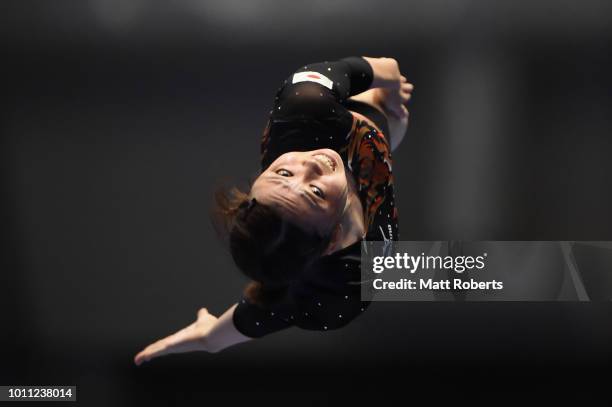 Chisato Doihata of Japan competes during the Women's Individual Final on day two of the Trampoline World Cup at Yamato Citizens Gymnasium Maebashi on...