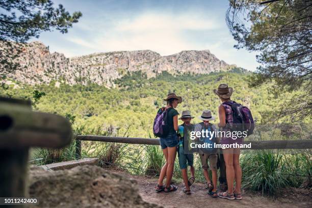 family hiking in spanish mountains - sierra de tramuntana stock pictures, royalty-free photos & images