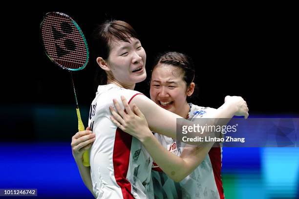 Mayu Matsumoto and Wakana Nagahara of Japan celebrates after defeating Yuki Fukushima and Sayaka Hirota of Japan during the Women's doubles final...