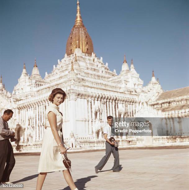 Princess Alexandra pictured walking in front of a pagoda on a tour of the ancient city of Bagan in the Mandalay area of Myanmar during her visit to...