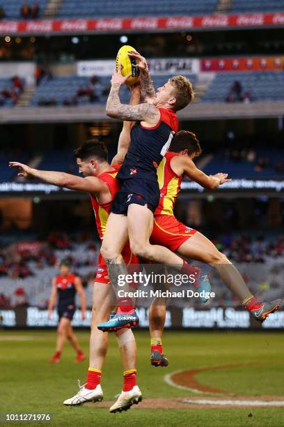 James Harmes of the Demons competes for the ball during the round 20 AFL match between the Melbourne Demons and the Gold Coast Suns at Melbourne...