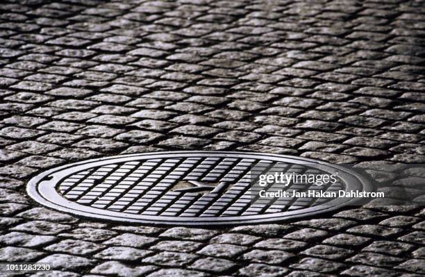 manhole in cobblestone street - マンホール ストックフォトと画像