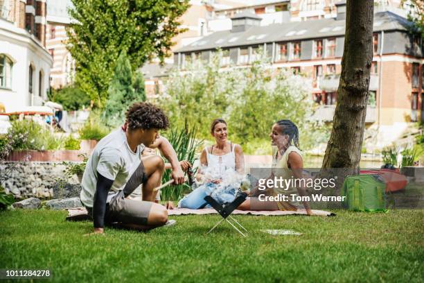 group of friends having bbq together by canal - saxony stock pictures, royalty-free photos & images
