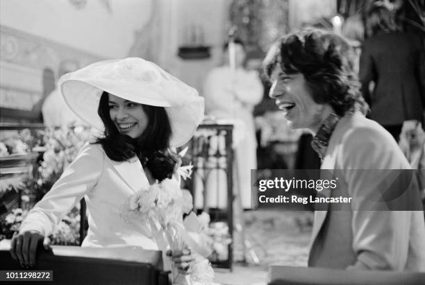 Mick and Bianca Jagger at their wedding at the Church of St. Anne, St Tropez, 12th May 1971.