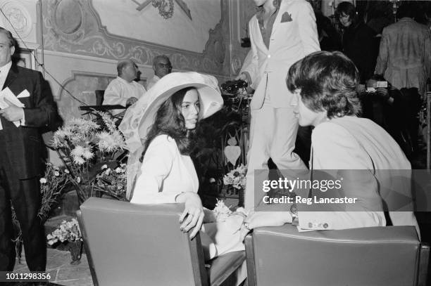 Mick and Bianca Jagger at their wedding at the Church of St. Anne, St Tropez, 12th May 1971.