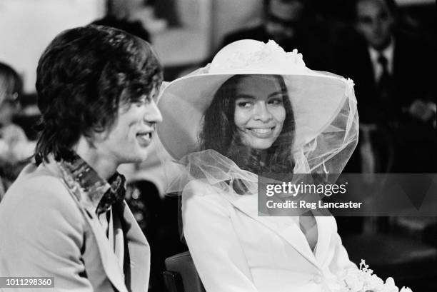 Mick and Bianca Jagger at their wedding at the Church of St. Anne, St Tropez, 12th May 1971.