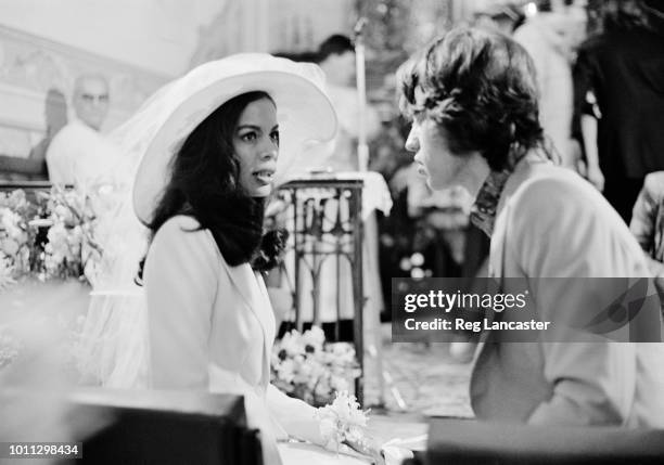 Mick and Bianca Jagger at their wedding at the Church of St. Anne, St Tropez, 12th May 1971.