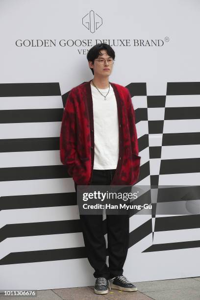 Model Kim Won-Joong attends the photocall for "Golden Goose Deluxe Brand" Venice Foundations Pop-Up Store Opening on August 3, 2018 in Seoul, South...