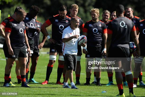 Eddie Jones, the England head coach, issues instructions during the England training session held at the Lensbury Club on August 5, 2018 in...