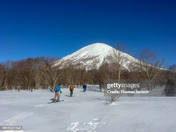 ski touring group on the way to the summit of mount yotei, japan - japan skiing stock pictures, royalty-free photos & images