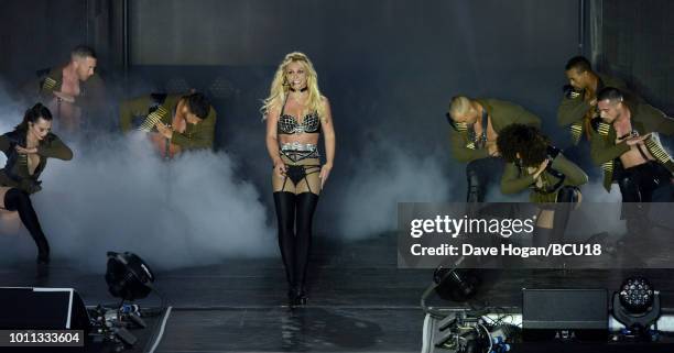 Britney Spears performs on stage during the Britney Spears "Piece Of Me" Summer Tour - Brighton Pride at Preston Park on August 4, 2018 in Brighton,...