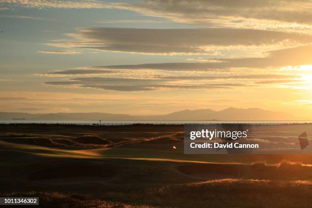 View of the green on the par 4, 15th hole with the Isle of Arran in the distance at Prestwick Golf Club on July 26, 2018 in Prestwick, Scotland.