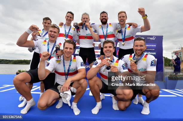 The Germany team celebrate winning gold in the Men's Eight during the rowing on Day Four of the European Championships Glasgow 2018 at Strathclyde...