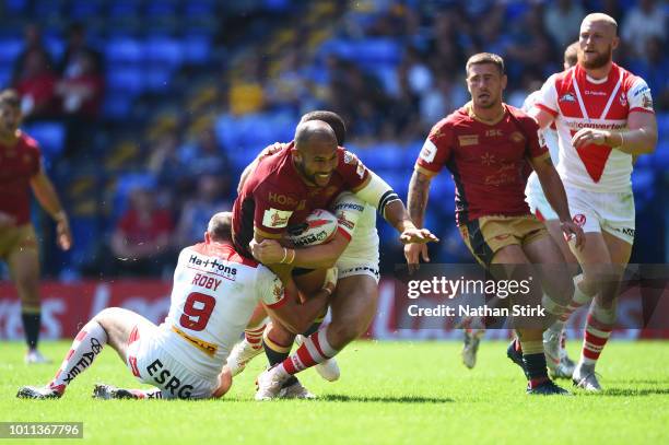 Sam Moa of Catalans Dragons in action during the Ladbrokes Challenge Cup Semi Final match between St Helens and Catalans Dragons at Macron Stadium on...